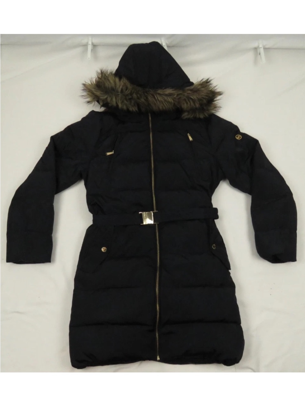 Michael Kors MK Quilted Down Faux Fur Hooded Belted Full Zip Puffer Parka Jacket